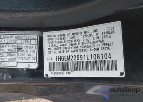 2001 Honda Civic Ex z USA, uszkodzony, nr VIN 1HGEM22991L108104